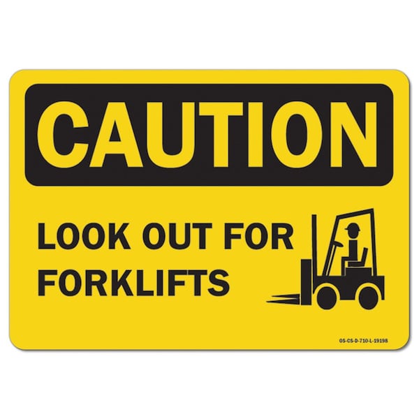 OSHA Caution, 3.5" Height, Decal, 5" x 3.5", Landscape, PK10, Look Out For Forklifts